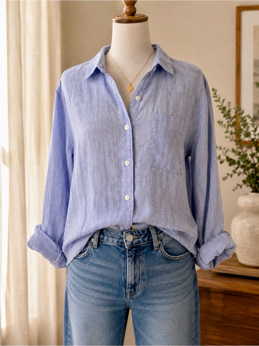 L.L. Bean Light Blue Linen Button-Down Shirt